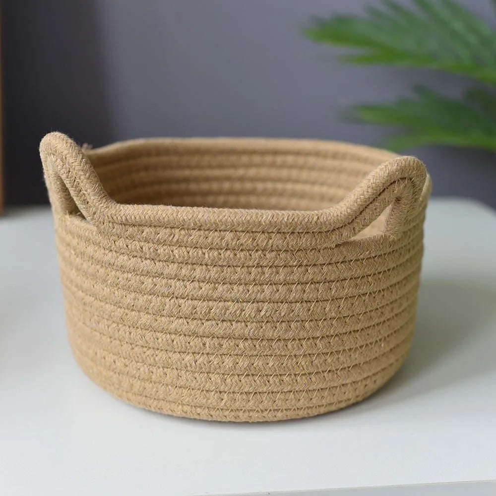 Minimalist Woven Cotton Storage Basket with Cat Ear Handles