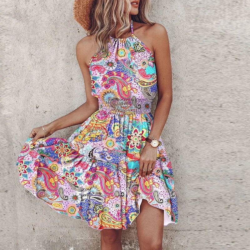 Women's Mini Dress – Relaxed Fit – Halterneck – Smocked Waist – Bohemian Print