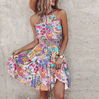 Women's Mini Dress – Relaxed Fit – Halterneck – Smocked Waist – Bohemian Print