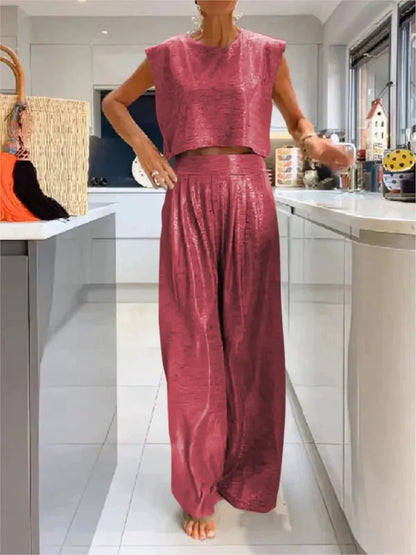 Dame Sæt - Ærmeløs Cropped Top & Højtaljet Wide-Leg Bukser - Komfort Fit