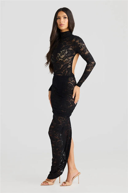 Dress for Women – Lace – Bodycon Fit – High Neck – Long Sleeves – Slit with Flower