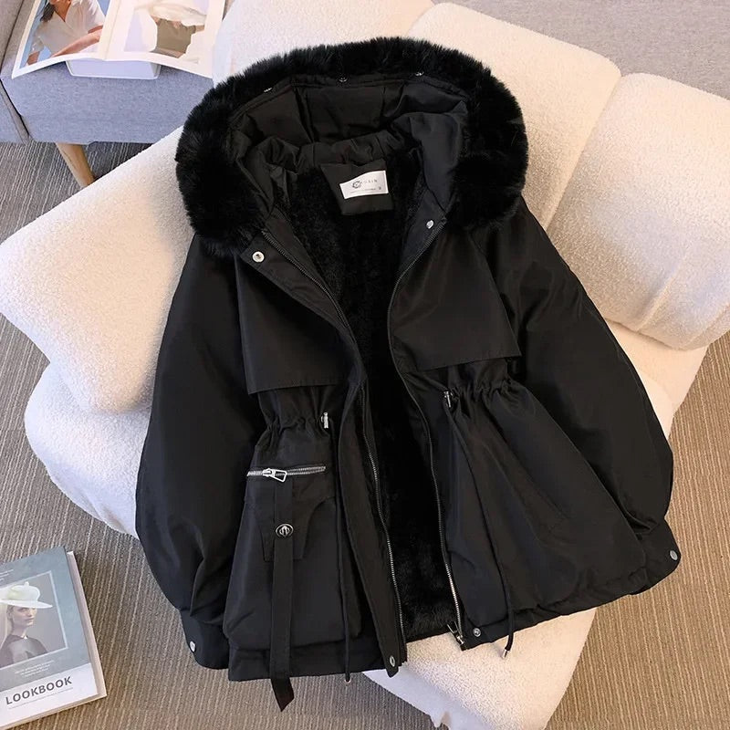 Women’s Coat - Faux Fur Lining - Mid-Length - Hooded - Adjustable Waist