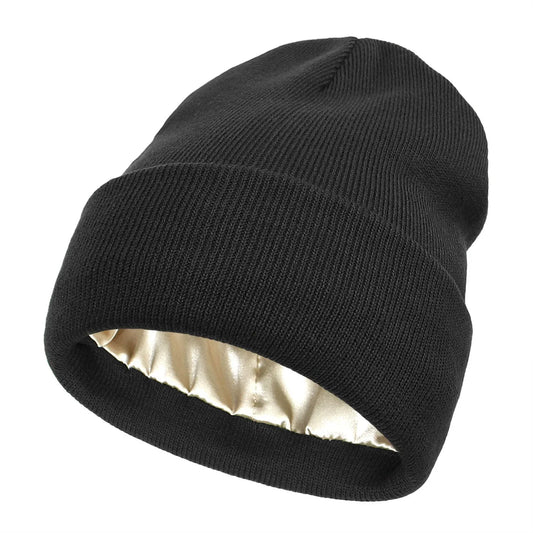 Sienna Ribbed Knit Satin Lined Cuffed Beanie | Solid Beanie