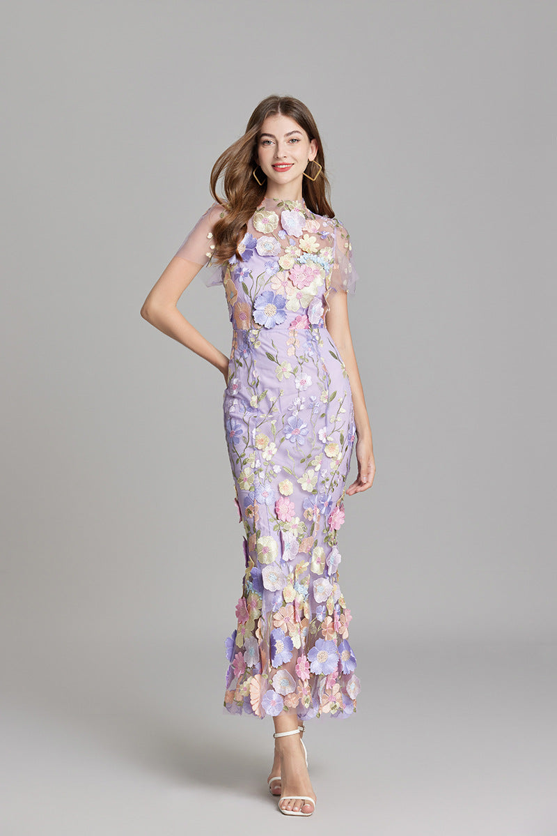 Dress for Women – Maxi Dress with Form-Fitting Design – Embroidered Mesh and High Neck