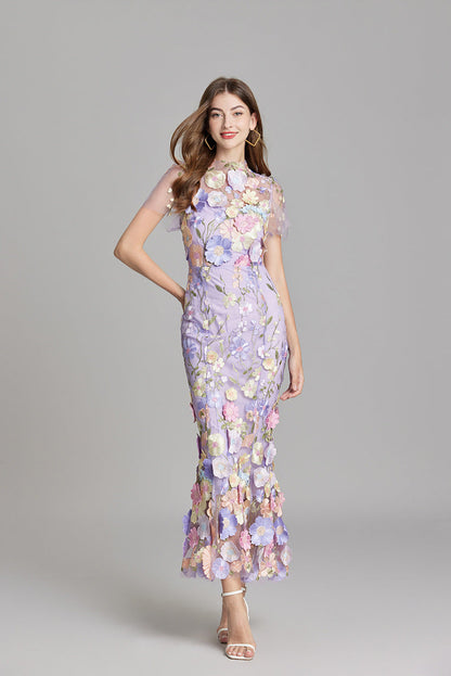 Dress for Women – Maxi Dress with Form-Fitting Design – Embroidered Mesh and High Neck