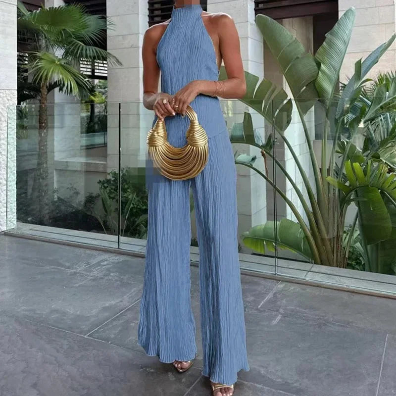 Women's Jumpsuit – Slim Fit – Backless Halterneck – Wide Legs – Breathable Lightweight Fabric
