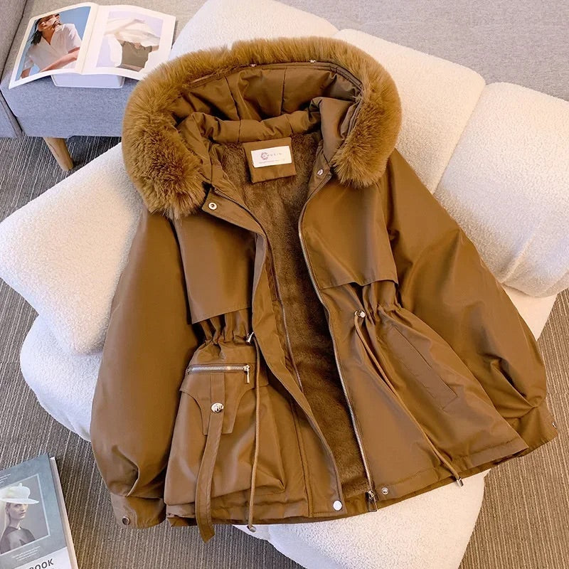 Women’s Coat - Faux Fur Lining - Mid-Length - Hooded - Adjustable Waist