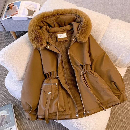 Women’s Coat - Faux Fur Lining - Mid-Length - Hooded - Adjustable Waist