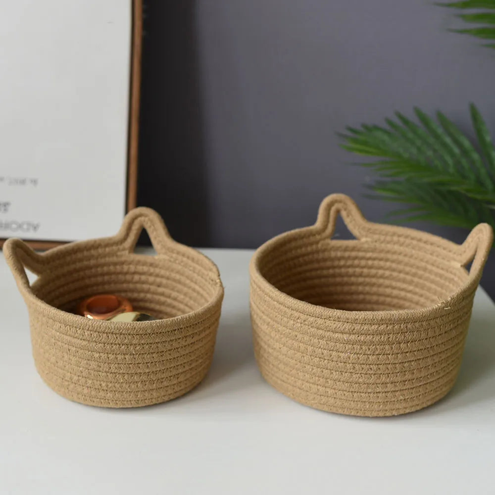 Minimalist Woven Cotton Storage Basket with Cat Ear Handles