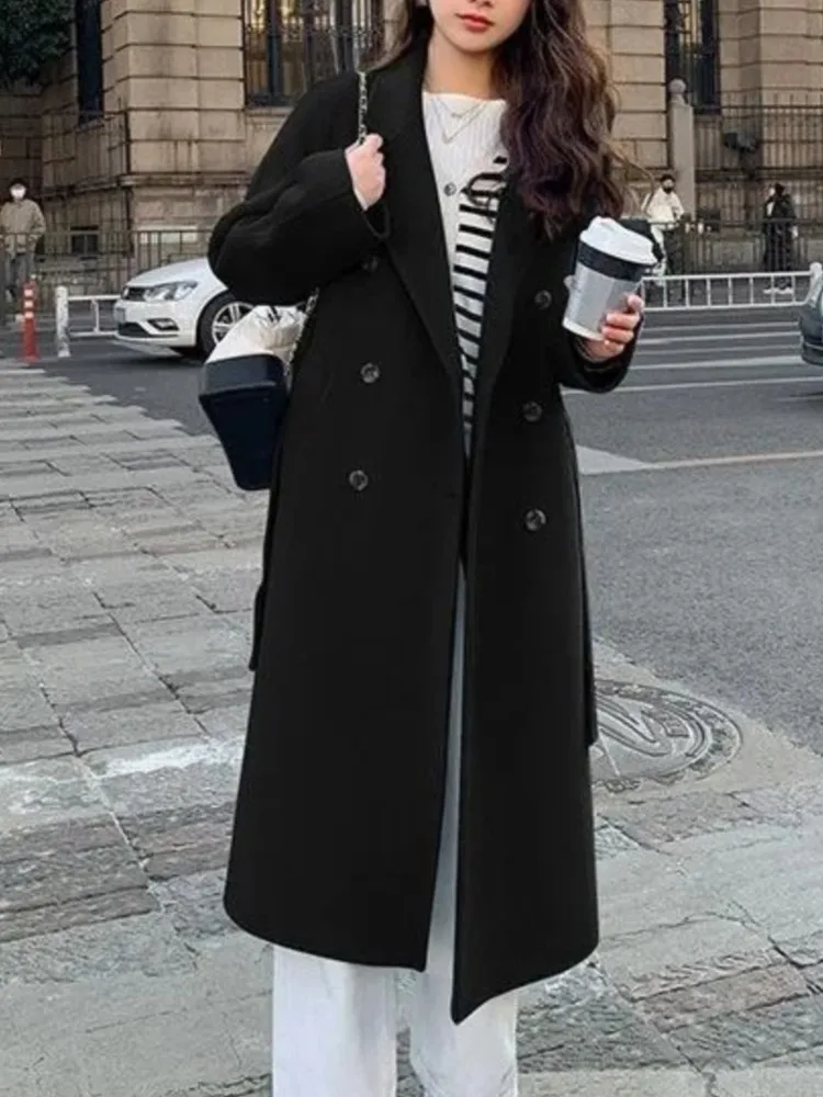 Women's Long Coat – Oversized Fit – Double Breasted – Belted Waist – Wool Look