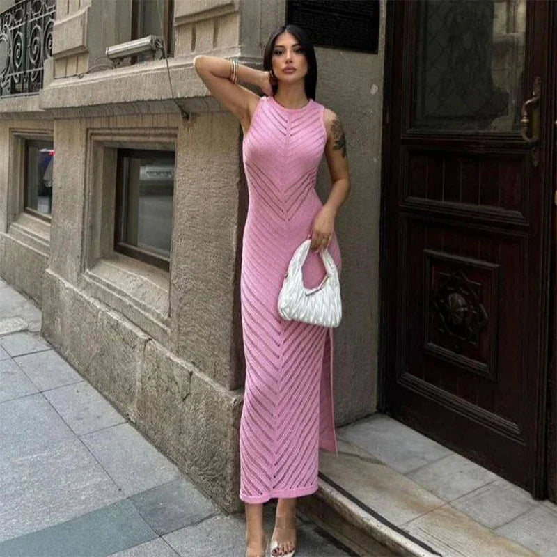 Women's Long Dress - Ribbed Mesh Design - Tailored Fit - Long Sleeves