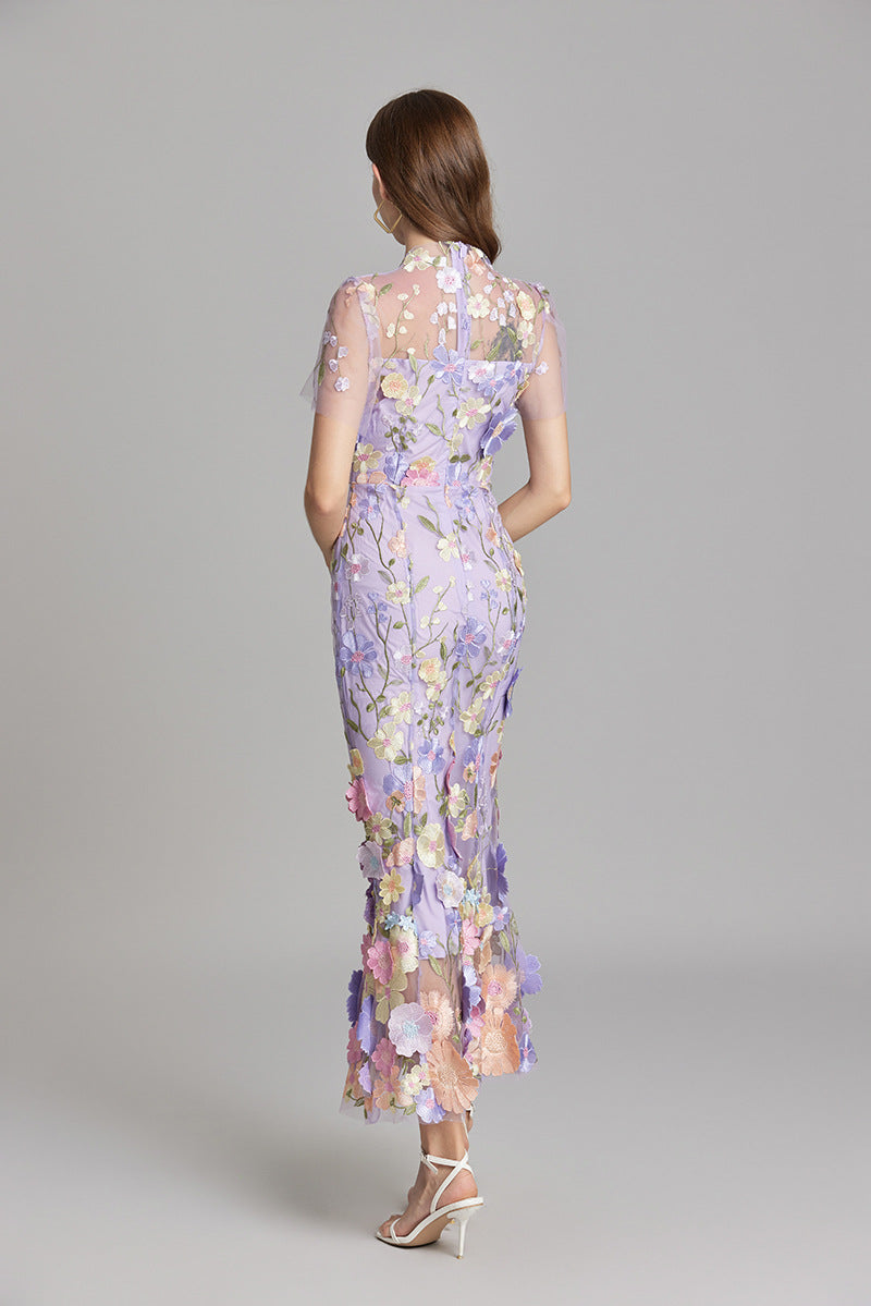 Dress for Women – Maxi Dress with Form-Fitting Design – Embroidered Mesh and High Neck