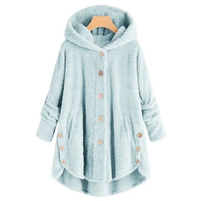 Women's Fleece Jacket – Relaxed Fit – Hood – Button Closure – Long Sleeves – Longer at the Back