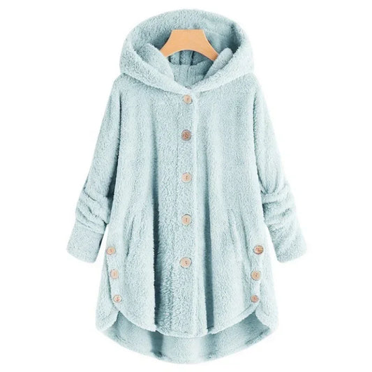 Women's Fleece Jacket – Relaxed Fit – Hood – Button Closure – Long Sleeves – Longer at the Back