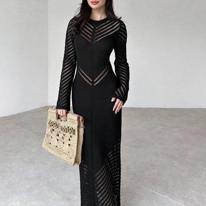 Women's Long Dress - Ribbed Mesh Design - Tailored Fit - Long Sleeves