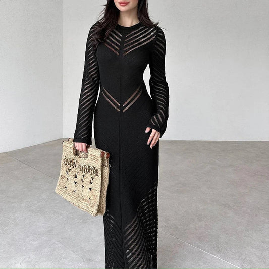 Women's Long Dress - Ribbed Mesh Design - Tailored Fit - Long Sleeves