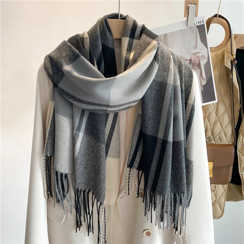 Aurora Wool-Blend Oversized Scarf | Check Fringed Scarf