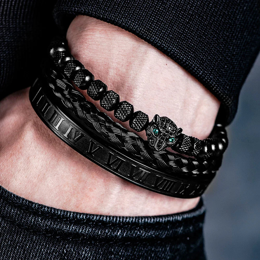 Benjamin Two-Piece Set | Beaded Panther Charm Braided Cuff Bracelet Set