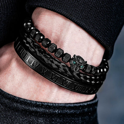 Benjamin Two-Piece Set | Beaded Panther Charm Braided Cuff Bracelet Set