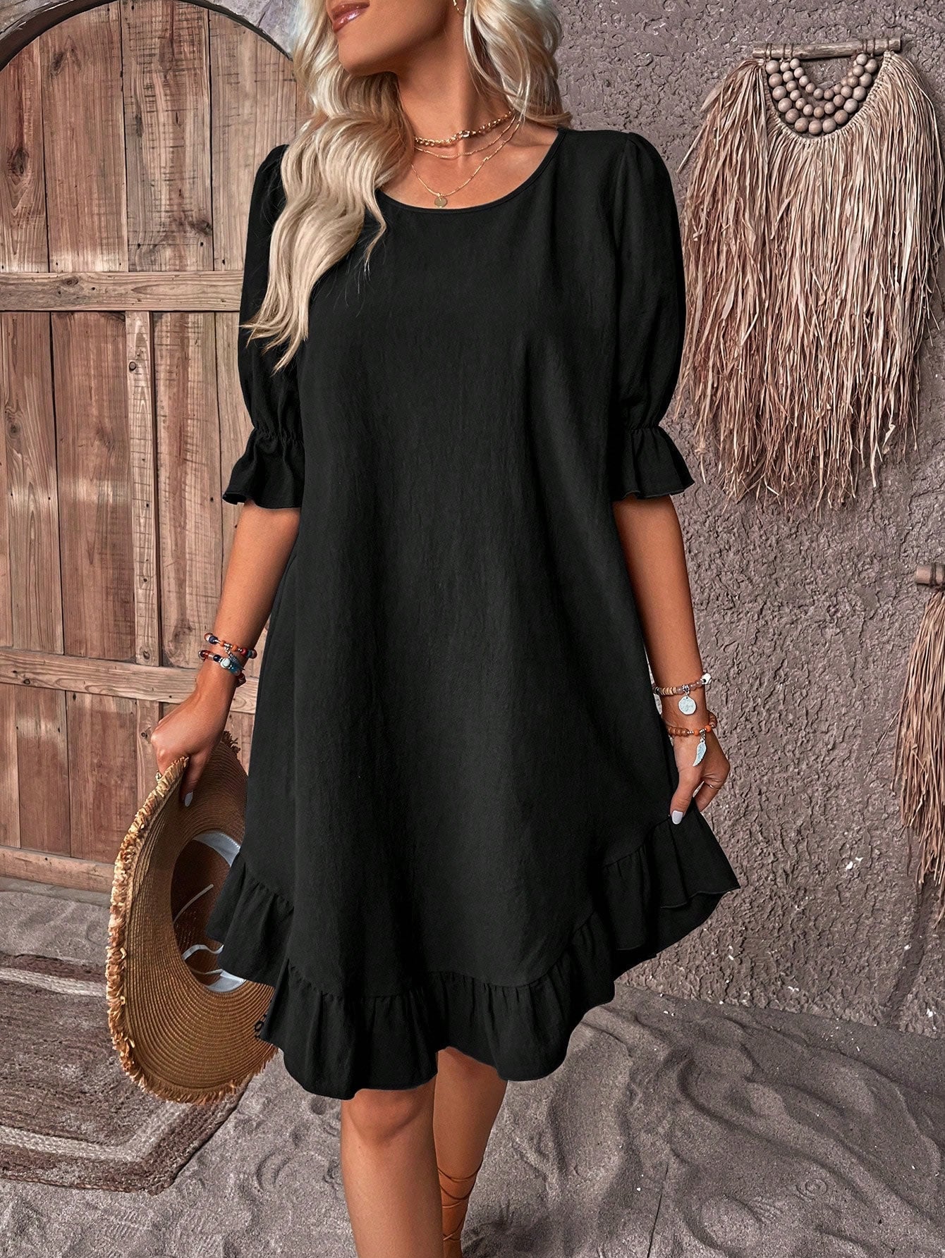 Women's Dress - Lightweight Fabric - Loose Fit - 3/4 Sleeves - Ruffled Hem