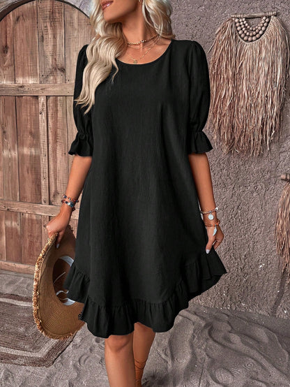 Women's Dress - Lightweight Fabric - Loose Fit - 3/4 Sleeves - Ruffled Hem