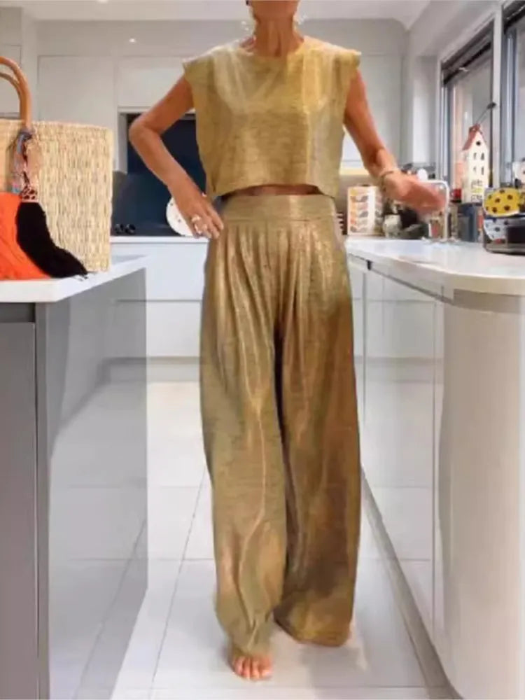 Dame Sæt - Ærmeløs Cropped Top & Højtaljet Wide-Leg Bukser - Komfort Fit