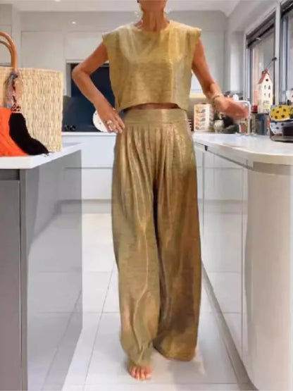 Dame Sæt - Ærmeløs Cropped Top & Højtaljet Wide-Leg Bukser - Komfort Fit