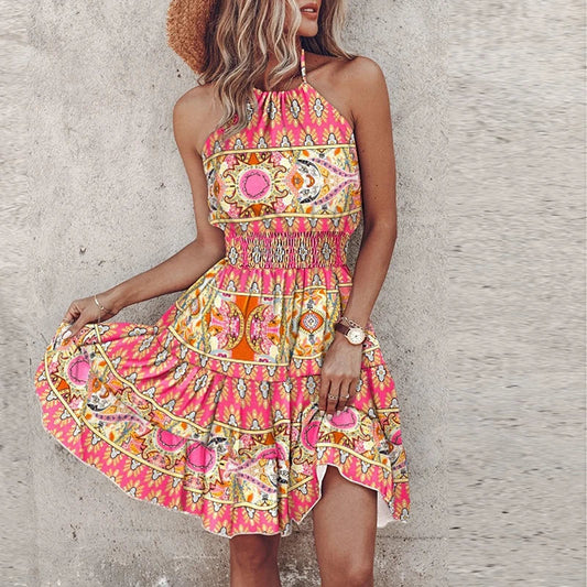 Women's Mini Dress – Relaxed Fit – Halterneck – Smocked Waist – Bohemian Print
