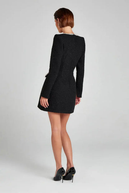 Women's Blazer Dress – Tweed Tailored Fit – Pearl Details – Long-Sleeved Party Look
