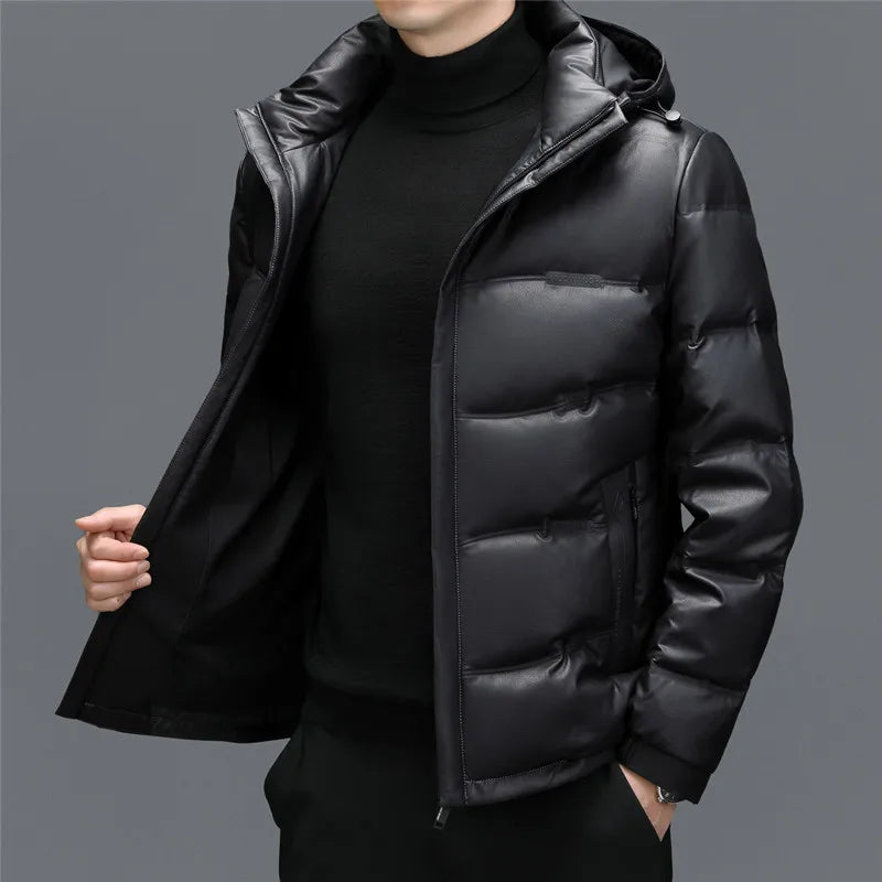 Luca Leather Hooded Puffer Jacket | Quilted Zipper Closure Jacket