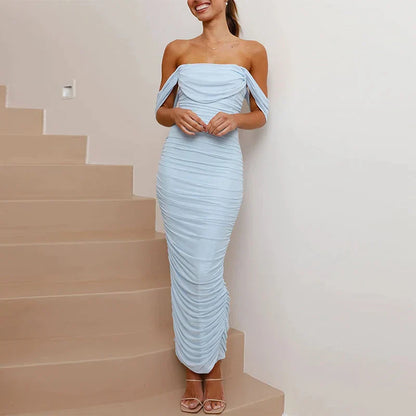 Dame Maxi Kjole - Off Shoulder - Draperede Ærmer - Figursyet Strækbar Festkjole