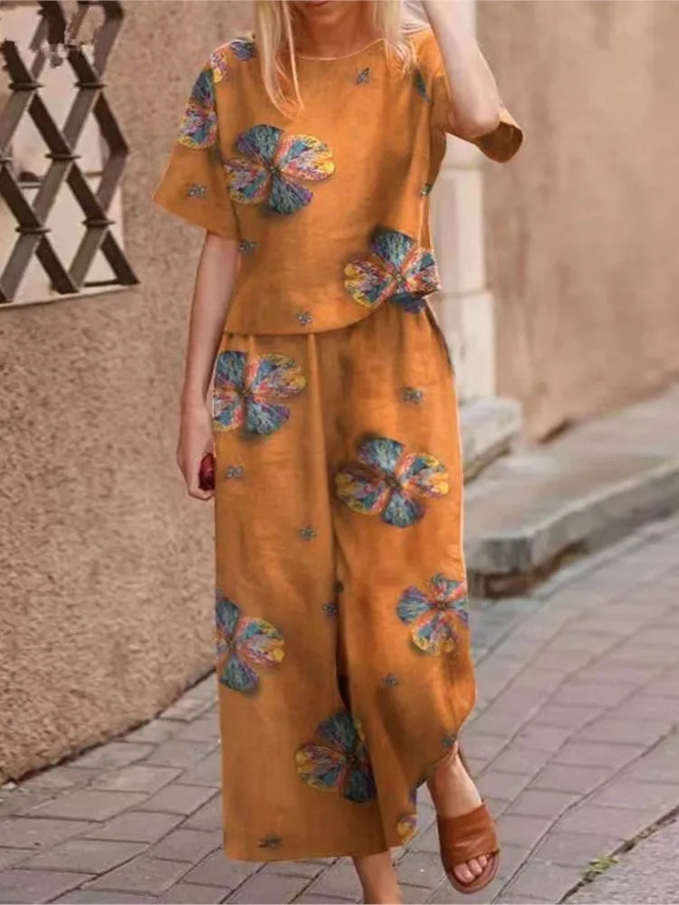 Women's Trousers with Wide Legs – Natural Fibers – Relaxed Fit – Artistic Print Design