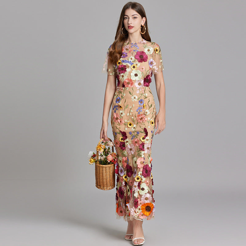 Dress for Women – Maxi Dress with Form-Fitting Design – Embroidered Mesh and High Neck