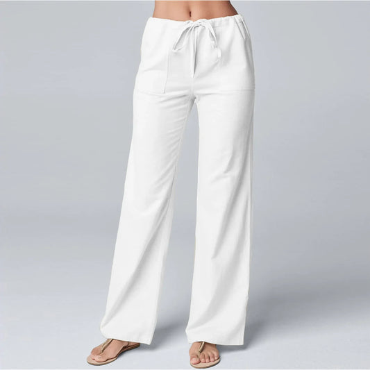 Women's Pants – Wide Leg – High Waist – Cotton Linen – Elastic and Drawstring