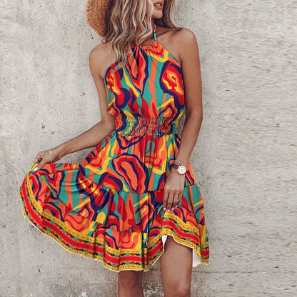 Women's Mini Dress – Relaxed Fit – Halterneck – Smocked Waist – Bohemian Print