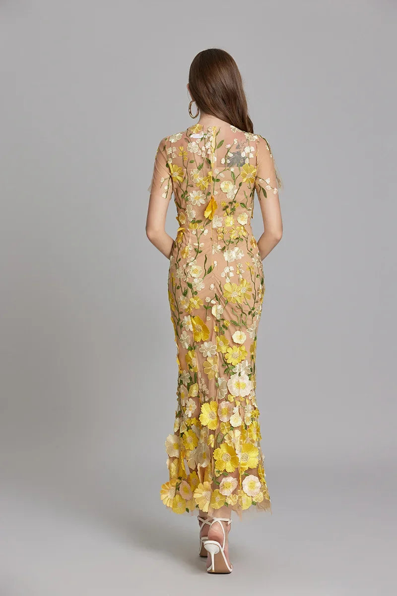 Dress for Women – Maxi Dress with Form-Fitting Design – Embroidered Mesh and High Neck