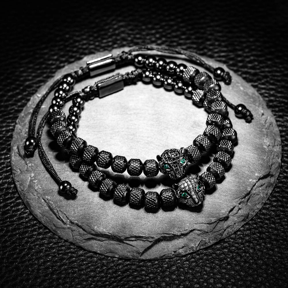 Benjamin Two-Piece Set | Beaded Panther Charm Braided Cuff Bracelet Set