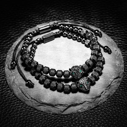 Benjamin Two-Piece Set | Beaded Panther Charm Braided Cuff Bracelet Set