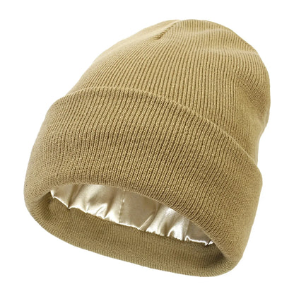 Sienna Ribbed Knit Satin Lined Cuffed Beanie | Solid Beanie