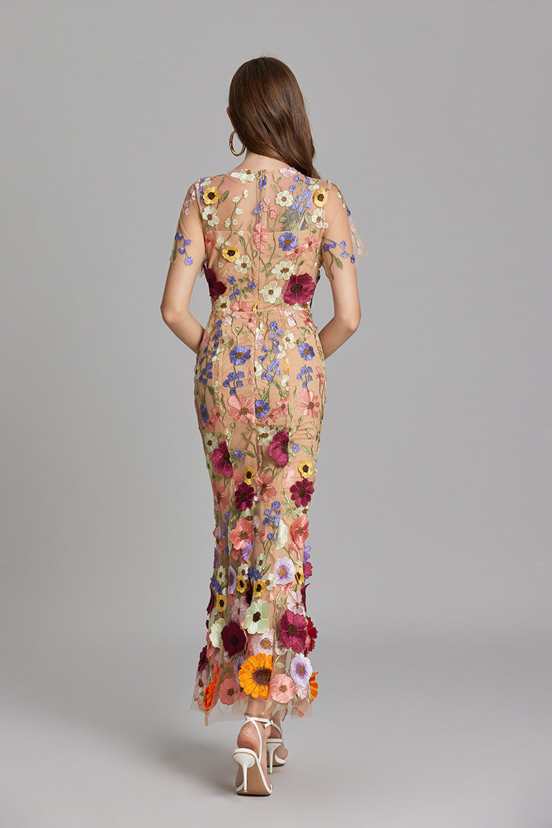 Dress for Women – Maxi Dress with Form-Fitting Design – Embroidered Mesh and High Neck