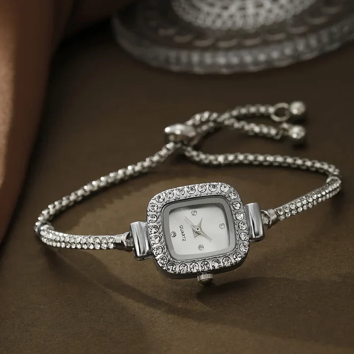 Isla Rhinestone Embellished Square Face Wristwatch | Adjustable Fit Bracelet Style Band Wristwatch