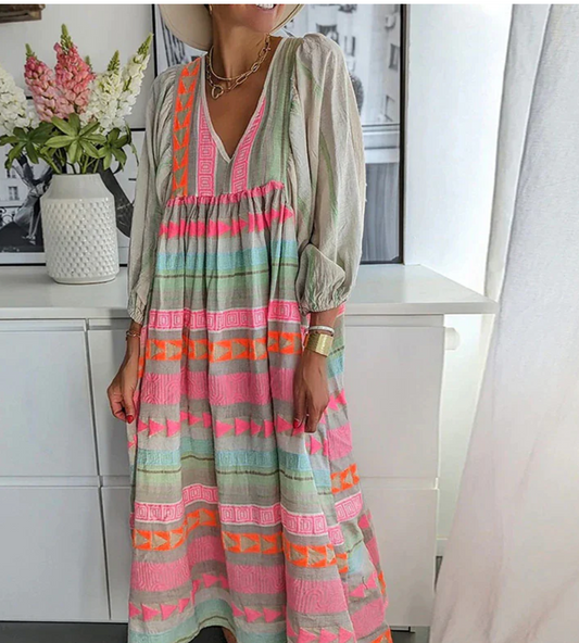Women's Maxi Dress – Relaxed Fit – V-Neck – Bohemian Style – Breathable Material