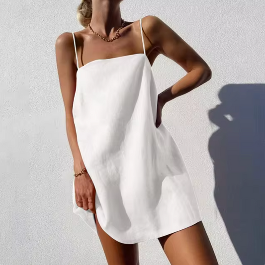 Women's Slip Dress - Lightweight Material - Loose Fit - Spaghetti Straps - Short Length