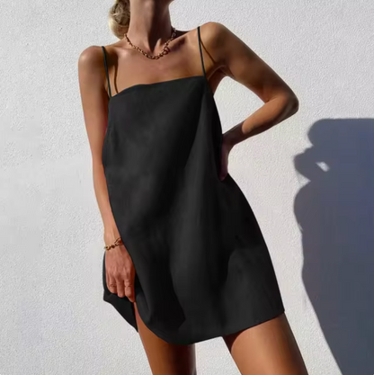 Women's Slip Dress - Lightweight Material - Loose Fit - Spaghetti Straps - Short Length