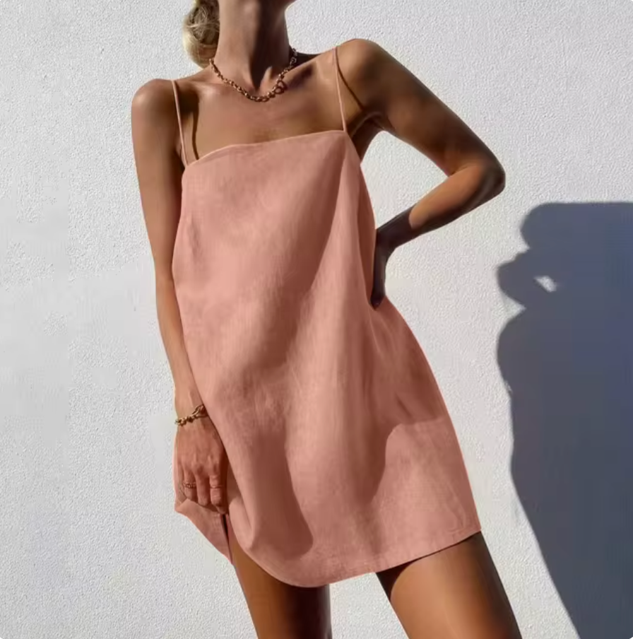 Women's Slip Dress - Lightweight Material - Loose Fit - Spaghetti Straps - Short Length