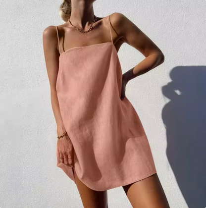 Women's Slip Dress - Lightweight Material - Loose Fit - Spaghetti Straps - Short Length