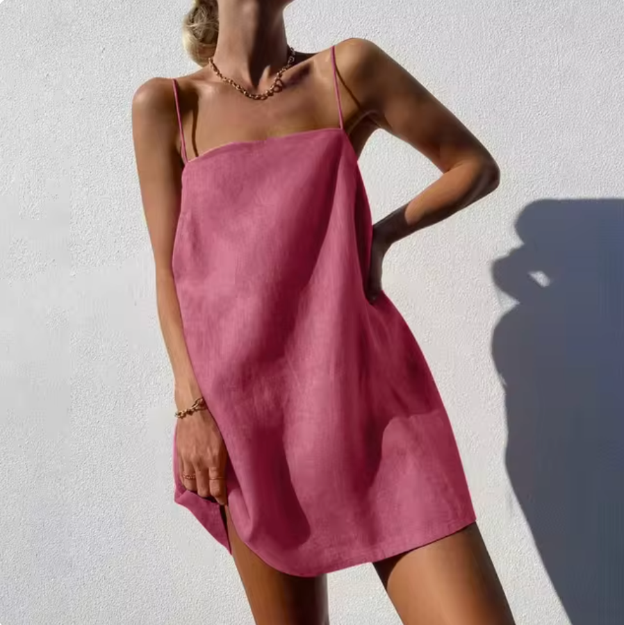 Women's Slip Dress - Lightweight Material - Loose Fit - Spaghetti Straps - Short Length