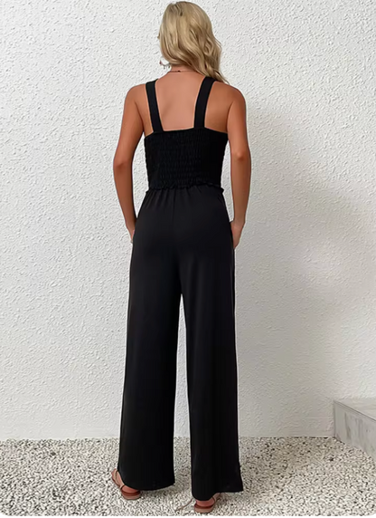 Dame Jumpsuit - Ærmeløs med Brede Stropper - Smock Liv - Vide Ben - Let og Åndbar