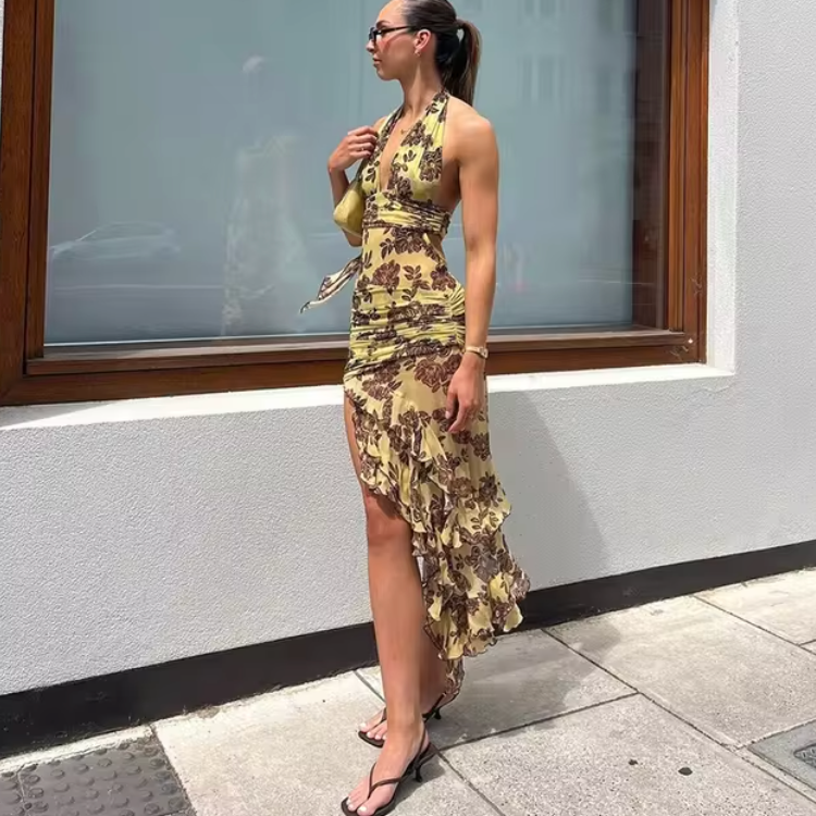 Women's Dress – Halterneck – Floral Print – Asymmetric Wrap Design – Light and Elegant