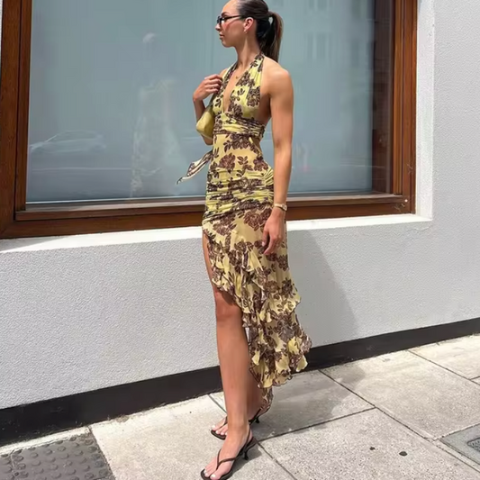 Women's Dress – Halterneck – Floral Print – Asymmetric Wrap Design – Light and Elegant